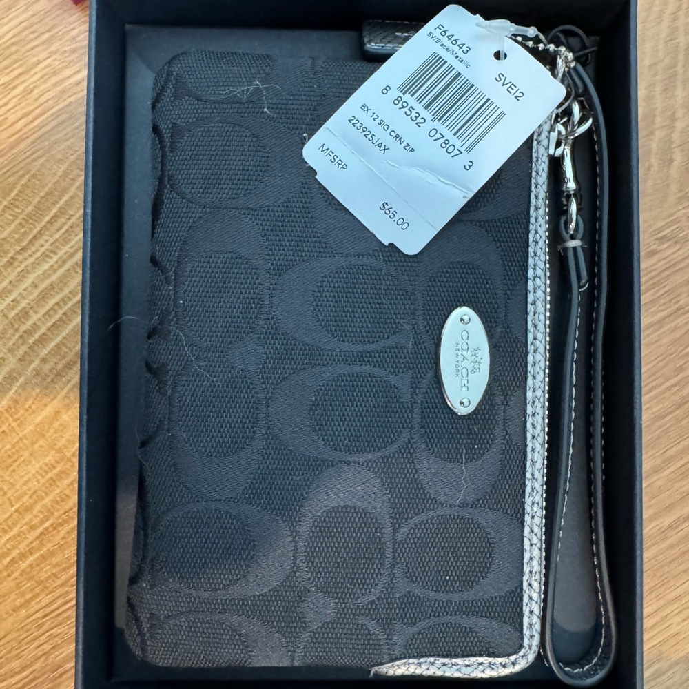 Coach Black Signature Canvas Wristlet with Silver Trim
